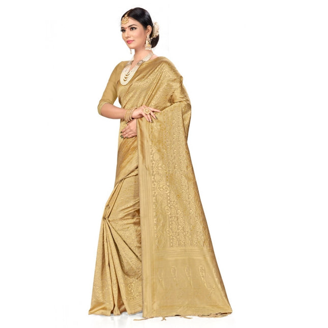 महिलाओं के लिए बनारसी सिल्क साड़ी (क्रीम, 5-6 मीटर)