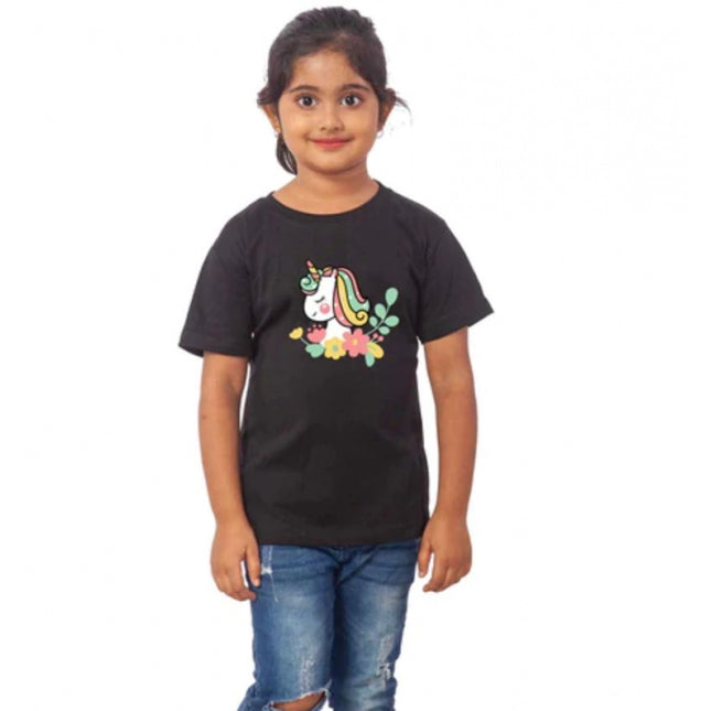 Girls Cotton Unicorn Face Half Sleeve TShirt (Black)