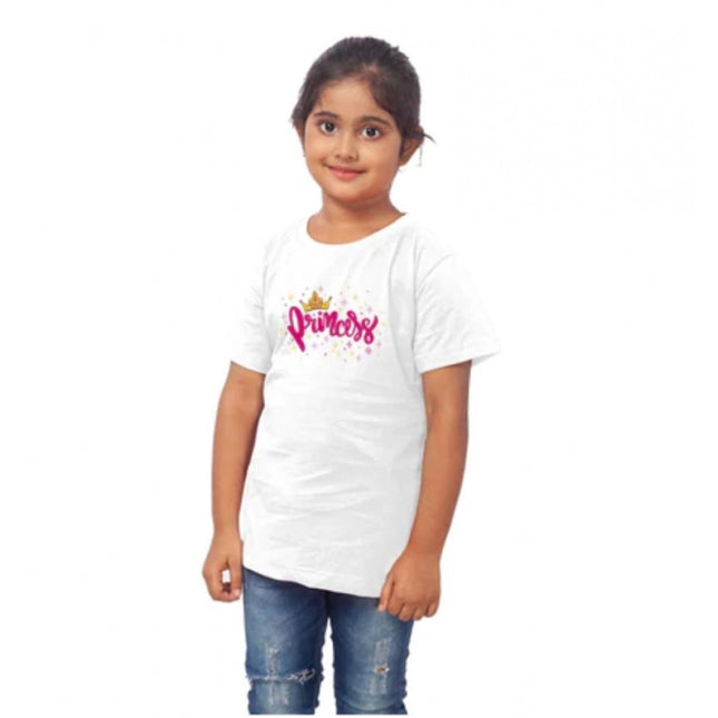 Girls Cotton Princess Half Sleeve TShirt (White)