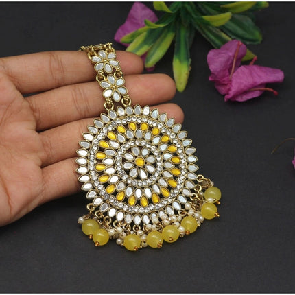 Women's Yellow Color Mirror Work Maang Tikka