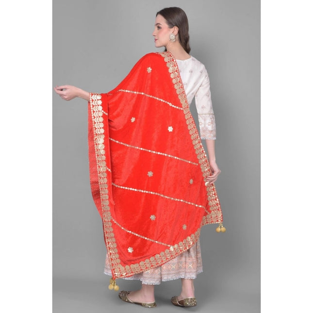 महिलाओं के लिए मखमली गोटा पट्टी दुपट्टा (लाल, लंबाई: 2.25 से 2.50 मीटर)
