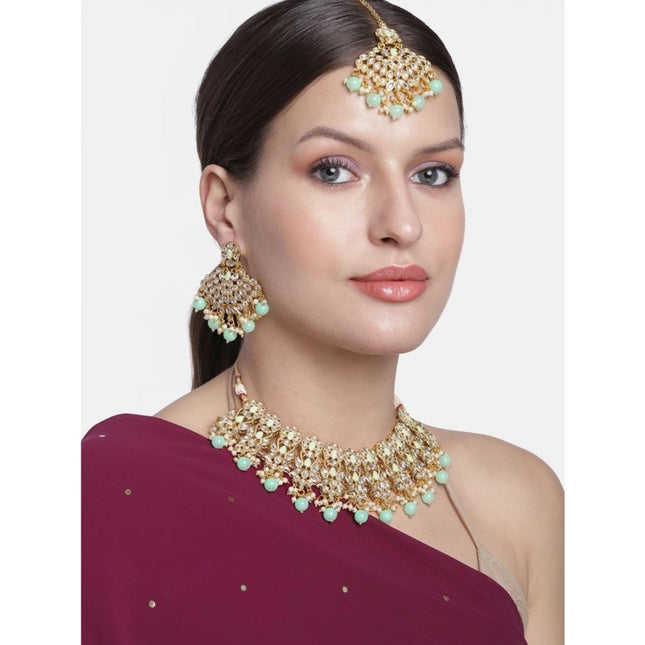 महिलाओं के लिए रोज़ गोल्ड प्लेटेड अलॉय नेकलेस और इयरिंग सेट (हल्का हरा)