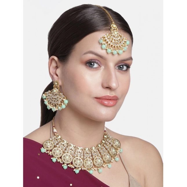 महिलाओं के लिए रोज़ गोल्ड प्लेटेड अलॉय नेकलेस और इयरिंग सेट (हल्का हरा)
