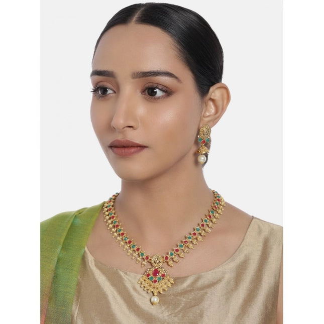 महिलाओं के लिए रोज़ गोल्ड प्लेटेड अलॉय नेकलेस और इयरिंग सेट (हरा और लाल)