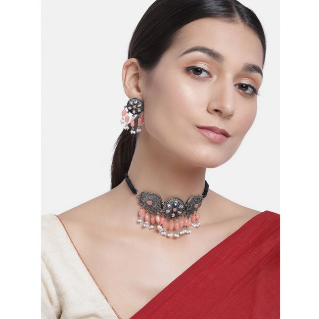 महिलाओं के लिए रोज़ गोल्ड प्लेटेड अलॉय नेकलेस और इयरिंग सेट (नारंगी)