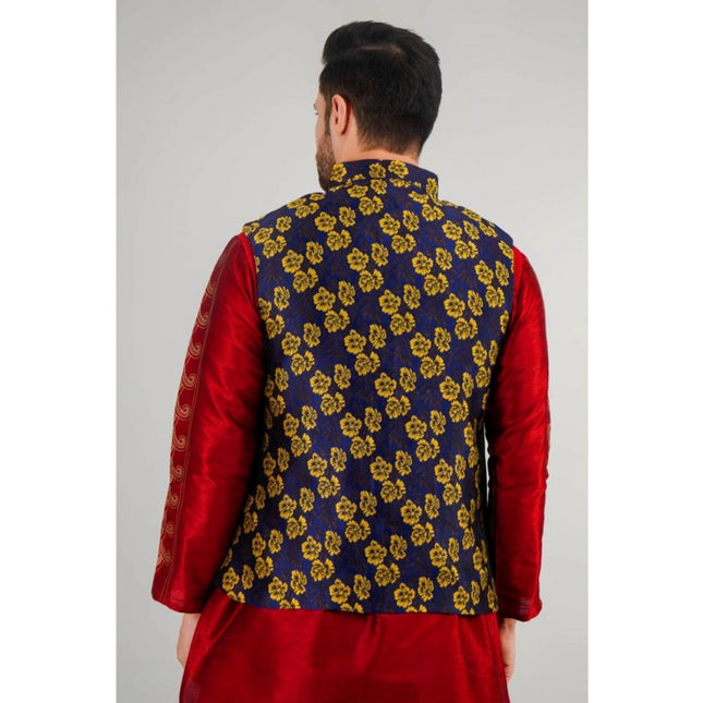 Men's Jacquard Self-Design Sleeveless Mandarin Neck Waistcoat (Blue-Gold)