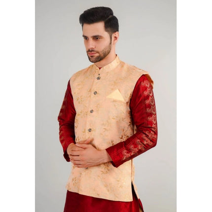 Men's Jacquard Self-Design Sleeveless Mandarin Neck Waistcoat (Beige)