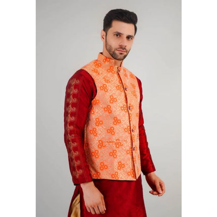 Men's Jacquard Self-Design Sleeveless Mandarin Neck Waistcoat (Orange)