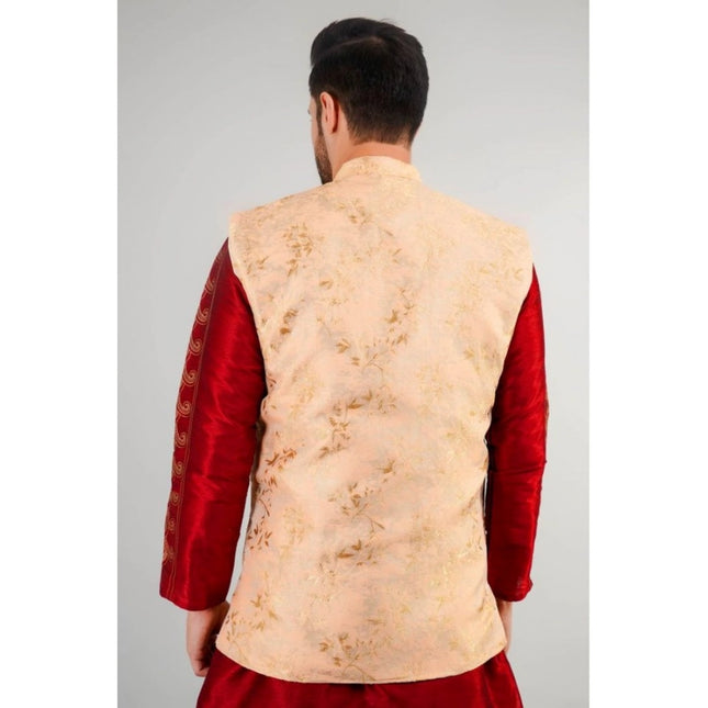Men's Jacquard Self-Design Sleeveless Mandarin Neck Waistcoat (Beige)