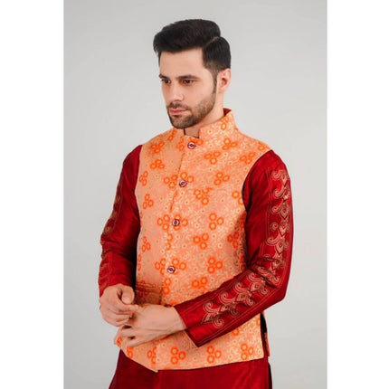 Men's Jacquard Self-Design Sleeveless Mandarin Neck Waistcoat (Orange)