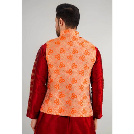 Men's Jacquard Self-Design Sleeveless Mandarin Neck Waistcoat (Orange)