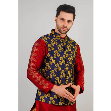 Men's Jacquard Self-Design Sleeveless Mandarin Neck Waistcoat (Blue-Gold)
