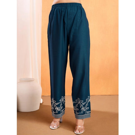 Women's Viscose Rayon Embroidered Chinese Collar Kurti with Pant Set (Green)