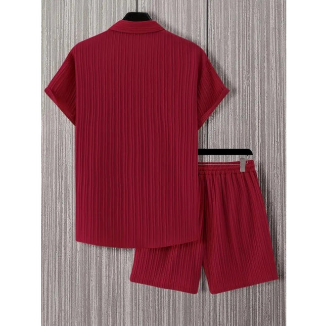 Men's Popcon Striped Half Sleeve Shirt and Shorts Set (Maroon)