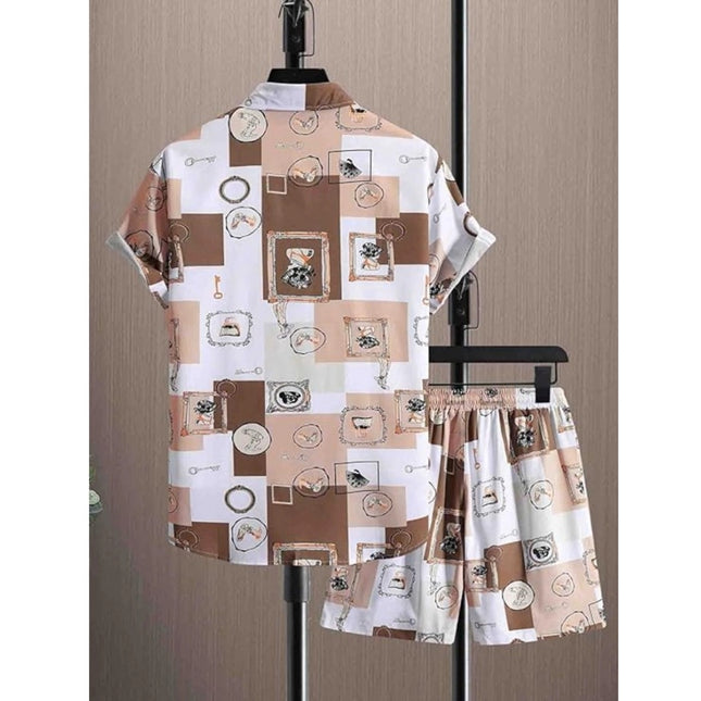 Men's Lycra Printed Half Sleeve Shirt and Shorts Set (Cream)