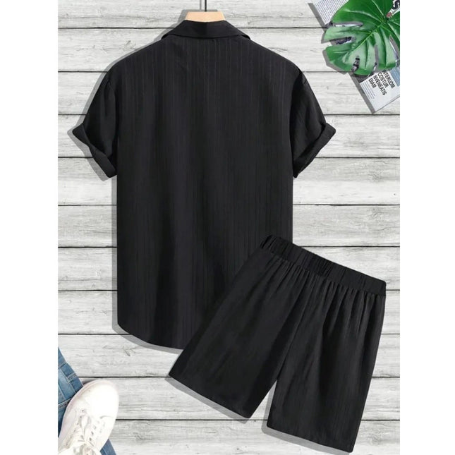 Men's Popcon Striped Half Sleeve Shirt and Shorts Set (Black)