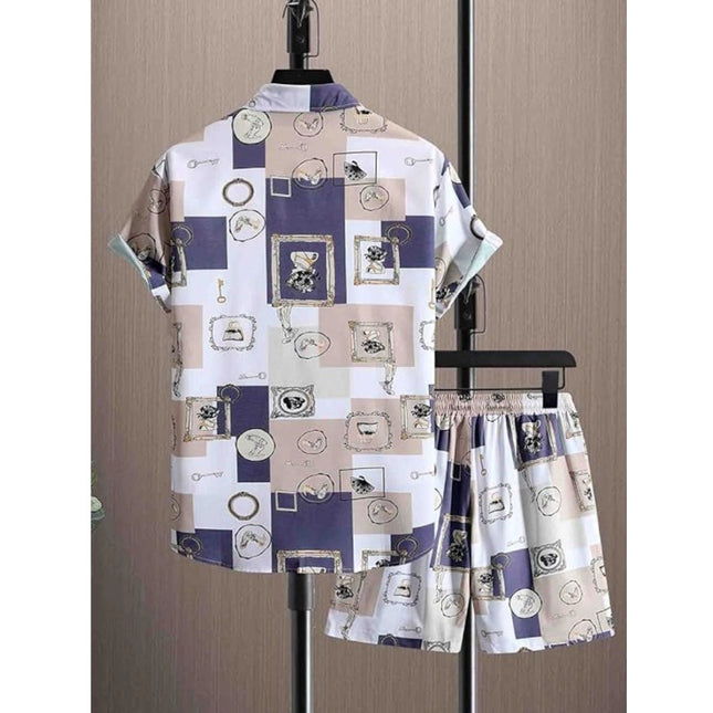 Men's Lycra Printed Half Sleeve Shirt and Shorts Set (Purple)