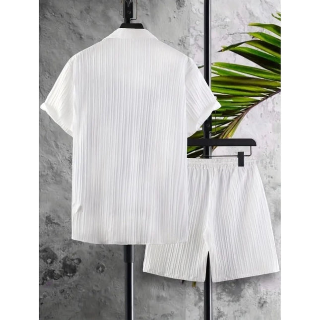 Men's Popcon Striped Half Sleeve Shirt and Shorts Set (White)