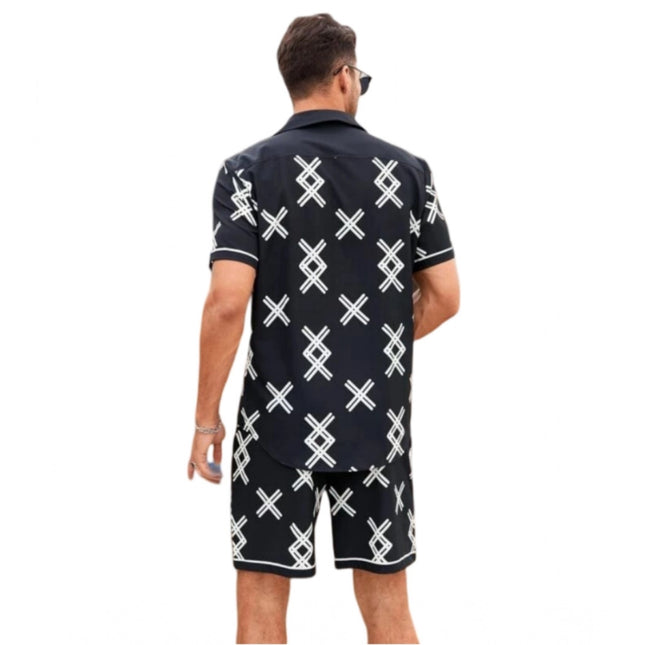 Men's Lycra Printed Half Sleeve Shirt and Shorts Set (Black )