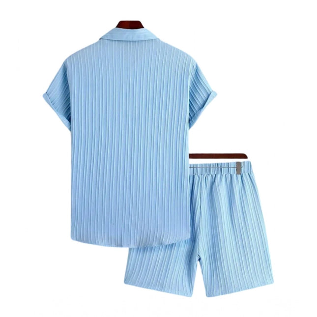 Men's Popcon Striped Half Sleeve Shirt and Shorts Set (Blue)