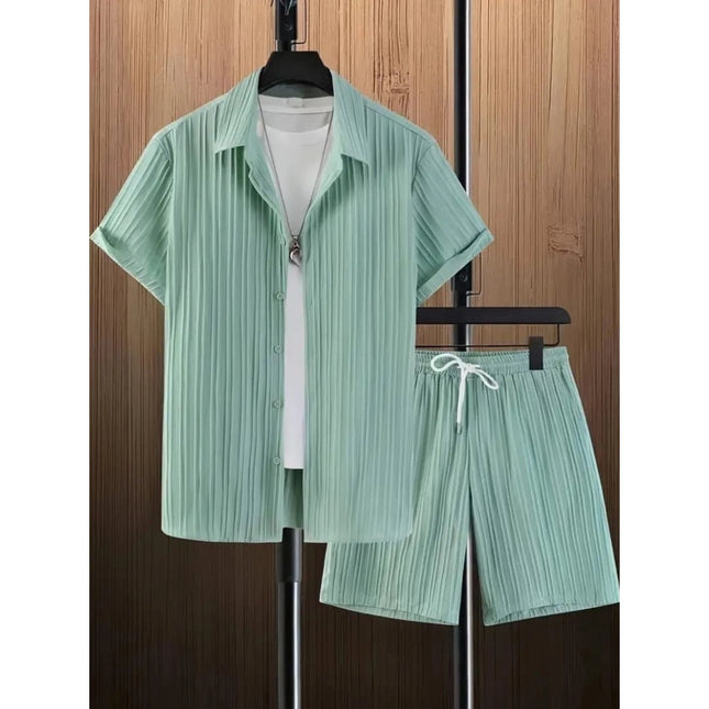Men's Popcon Striped Half Sleeve Shirt and Shorts Set (Green)