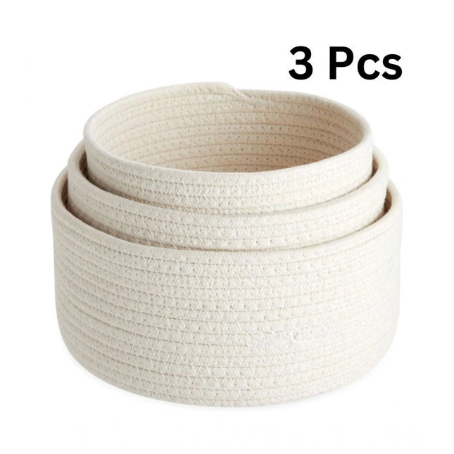 कॉटन गोल बास्केट कपड़ों के लिए 3 स्टोरेज बास्केट का पैक (सफ़ेद)
