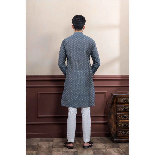 Men's Casual Cotton Printed Full Sleeve Kurta Pyjama Set (Grey)