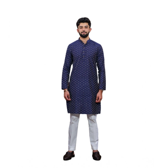 Men's Casual Cotton Printed Full Sleeve Kurta Pyjama Set (Blue)